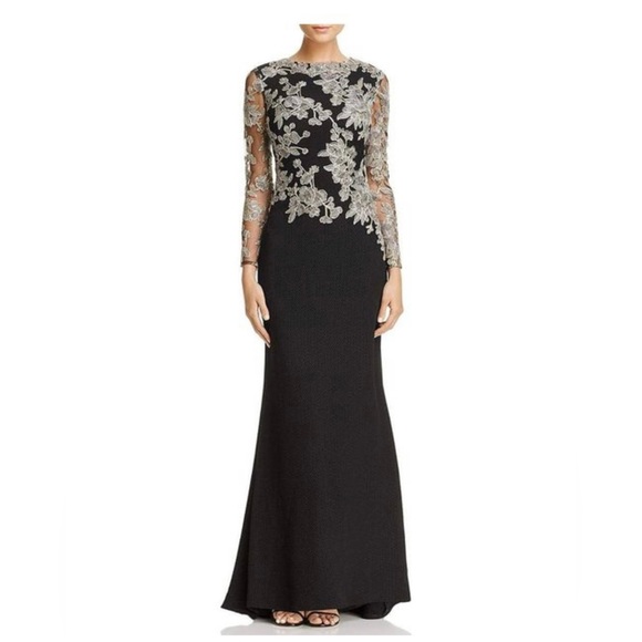 Tadashi Shoji Long Sleeve Embroidered-Bodice Crepe Gown Mother of the Groom